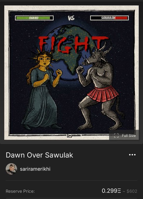 The image features a poster for an album titled "Battle vs Fight", featuring two animated characters engaged in a fight, with one character holding a gun. The background of the poster displays the word "Fight" written in red letters above the characters' heads. In addition to this scene, there's also a quote from another artist and the text "Reserve Price: 0x 0029eee 8602". The post also includes an image with the caption "Bid Now superrare.com/artwork/eth/0x ... - a painting by Sariria Merkih" that is related to this album.