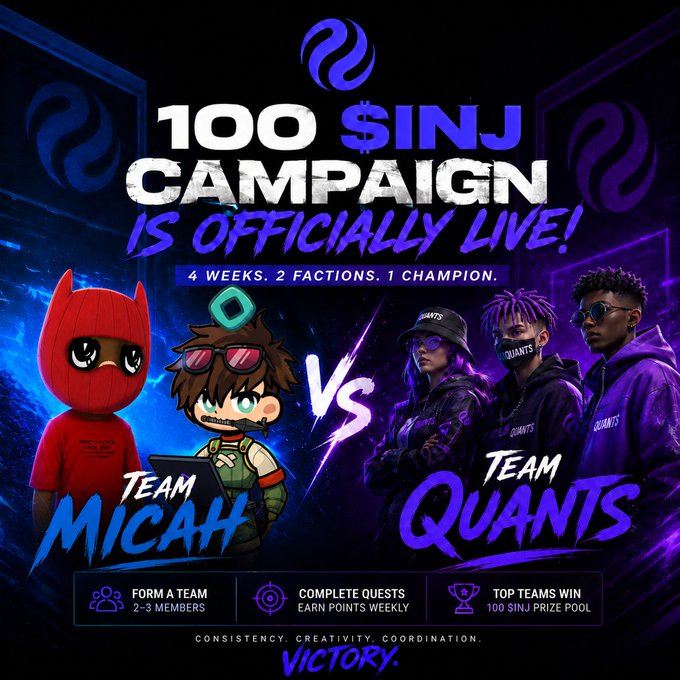 The image features a poster for an online gaming event called "100 SinJ Campaign", which promotes a new video game. The poster includes two cartoon characters representing different teams, with one character wearing a red mask and the other wearing a purple mask. The text on the poster highlights that this campaign is officially live and encourages people to join the team of Quants who are working hard to create innovative solutions for the gaming industry.