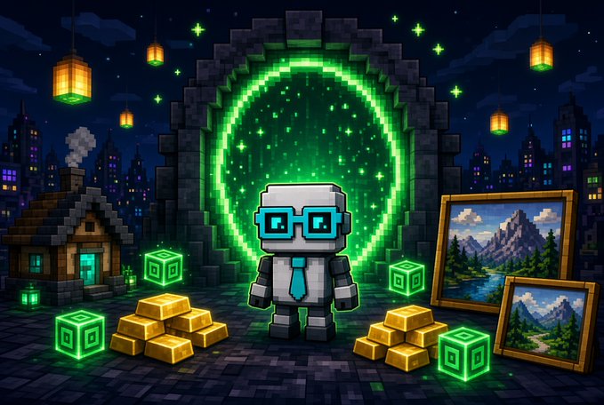 A pixel art scene featuring a blocky character with blue glasses standing in front of a glowing green portal, surrounded by gold bars, green cubes, lanterns, a small house, and framed landscape paintings.