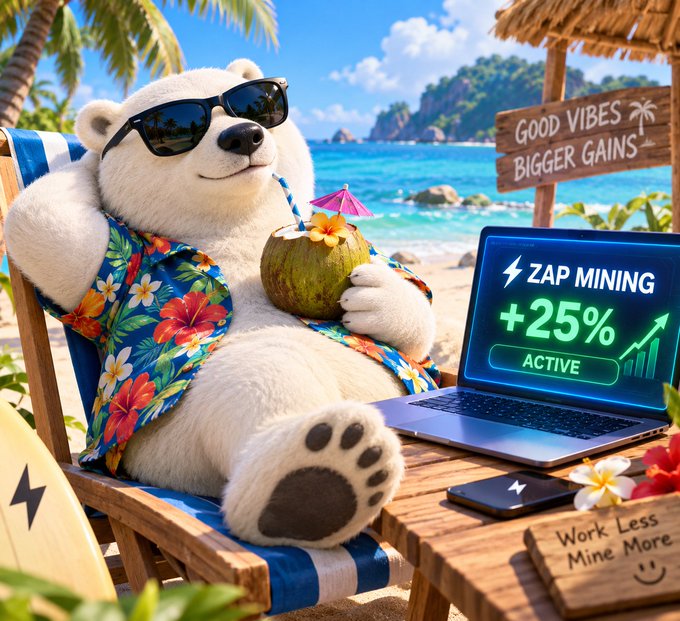 A polar bear wearing sunglasses and a Hawaiian shirt relaxes on a beach chair with a coconut, with a laptop displaying 'ZAP MINING +25% ACTIVE' and a sign reading 'GOOD VIBES BIGGER GAINS', plus another sign saying 'Work Less Mine More'.