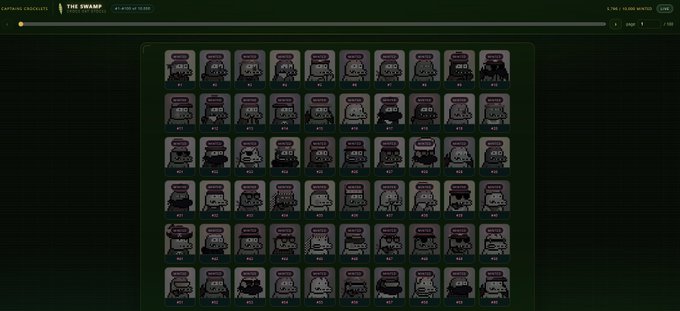 A grid gallery view of pixelated NFT characters called 'CAPTAINZ CHESTS - THE SWAMP' displayed in rows of small avatar images on a dark green background.