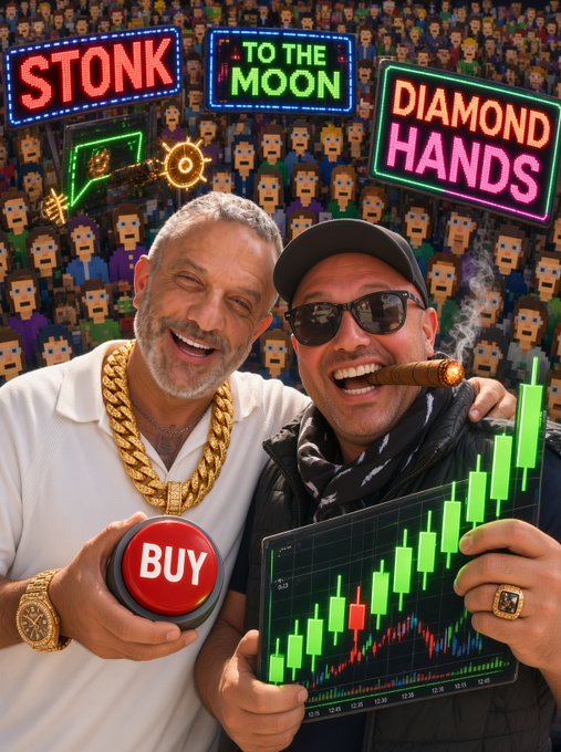 The image shows two cheerful men in a vibrant meme-style setting, with one pressing a "BUY" button and the other holding a green candlestick chart, framed by neon signs reading "STONK," "TO THE MOON," and "DIAMOND HANDS." It captures the playful, bullish crypto culture referenced in the post about meeting someone at the NFT Normies event and celebrating Adam Weitsman joining as a "Stonkbroker."