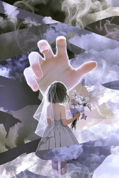An anime-style illustration of a girl in a white dress holding purple flowers, with a giant glowing hand reaching down from above through swirling purple smoke and shattered glass.