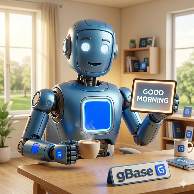 The image features a robot sitting at a desk with a cup of coffee and a tablet computer displaying "Good Morning Legends Can i get some GM?" The robot appears to be smiling as if it's greeting someone or checking into a hotel room, possibly for breakfast. There are also several books on the desk, suggesting that the robot might be in a workspace or a hotel room with a reading area.