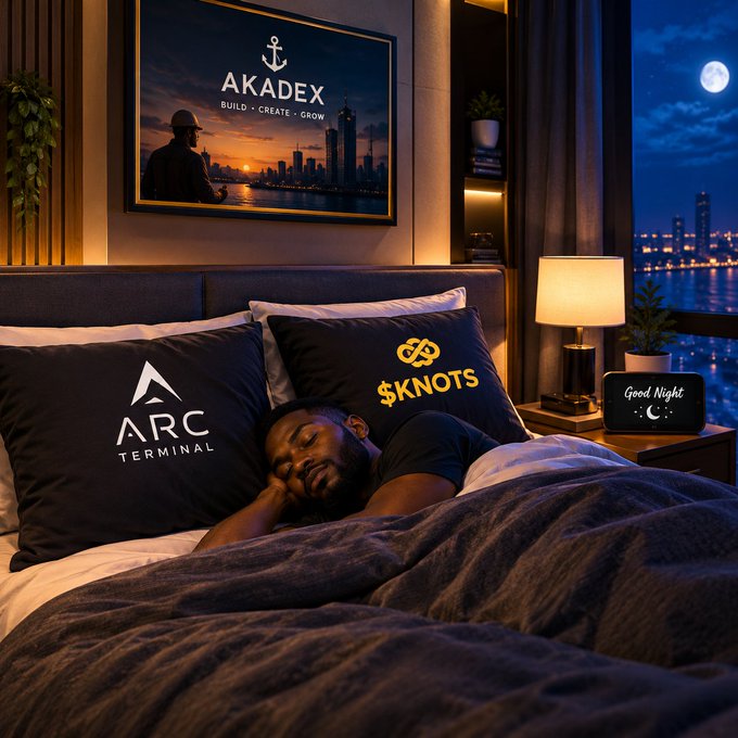 A man sleeps in a bed with dark gray bedding and two pillows branded 'ARC TERMINAL' and '$KNOTS', in a room featuring a framed 'AKADEX' poster and a city skyline view through a window.