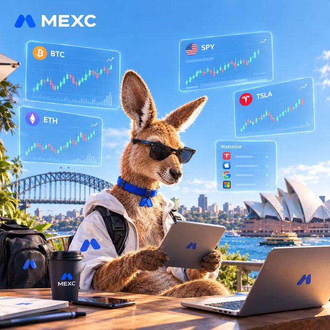 A promotional image for MEXC featuring a kangaroo in sunglasses using a tablet and laptop, with floating screens displaying BTC, ETH, SPY, and TSLA stock charts.