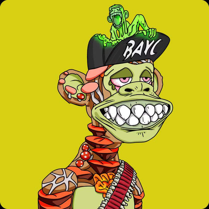 A cartoon zombie ape wearing a cap labeled "BAYC" sits atop a larger green Bored Ape with bloodshot eyes and a wide toothy grin, set against a yellow background.

The image appears to be one of the two Mutant Ape Yacht Club (MAYC) collectibles the user is showcasing, representing their new acquisitions alongside the classic Bored Ape aesthetic.