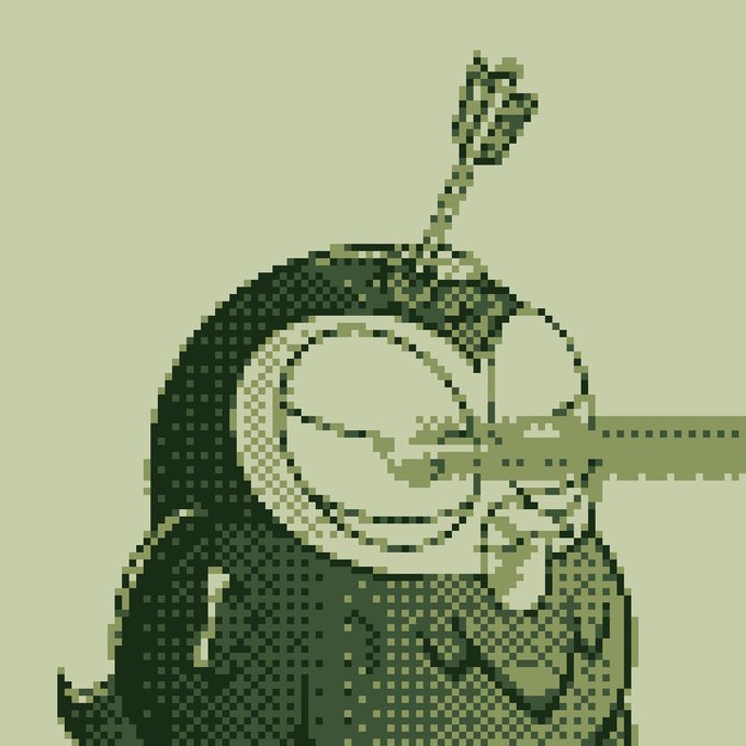 A pixel art illustration of a person wearing a dark hooded sweatshirt and a gas mask, holding what appears to be a weapon, rendered in green and beige tones.