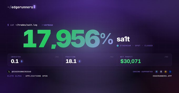 The image shows a purple and green dashboard for an online game or application. On the left side of the dashboard, there's a list with the number 17,955% displayed above a table that lists various data about salt levels at different prices. Below the list is another table listing the names and values of users. The dashboard also has a title: "Edge Runners" in green letters at the top, followed by a description below the tables: "17,955% salt".