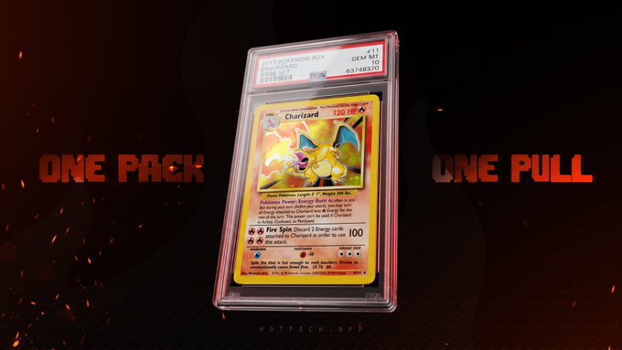 A graded PSA 10 Charizard Pokémon card (Gem Mint, cert. #63748370) is displayed against a fiery dark background with "ONE PACK, ONE PULL" text, visually reinforcing the post's message about minting a HOTPACK NFT backed by a real sealed pack where holding the unripped pack accumulates a redeemable USDG balance.