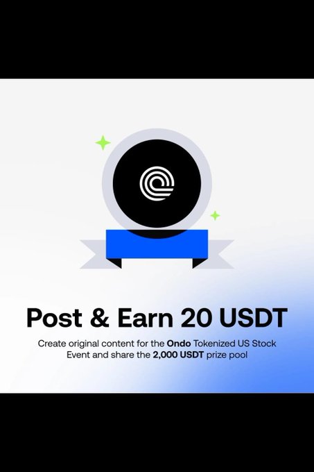 A promotional graphic with a black circular logo on a blue ribbon, featuring the text 'Post & Earn 20 USDT' and explaining to 'Create original content for the Ondo Tokenized US Stock Event and share the 2,000 USDT prize pool'.