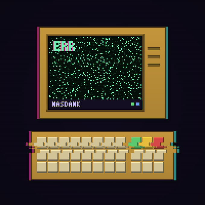 A retro-style pixel art illustration of a vintage computer monitor displaying a green digital pattern with 'EFE' on the screen, positioned above a matching keyboard with colorful glitching elements.