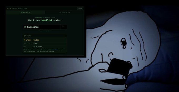 A meme-style image showing a drawn figure in bed staring at their phone at night with a screen displaying a Waitlist Page for @0xvinhphan showing 'under review' status.