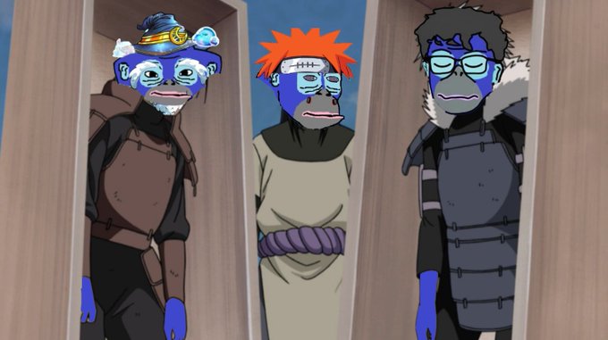 Three blue-skinned anime characters resembling Naruto figures (Pain, Yahiko, and Konan) stand inside wooden crates, with overlaid text calling on @trungfinity and @nixeniego to "wake up" and be active during a "SUPERCYCLE PAMP" in the "$RONKE" Ronin Revival arc.