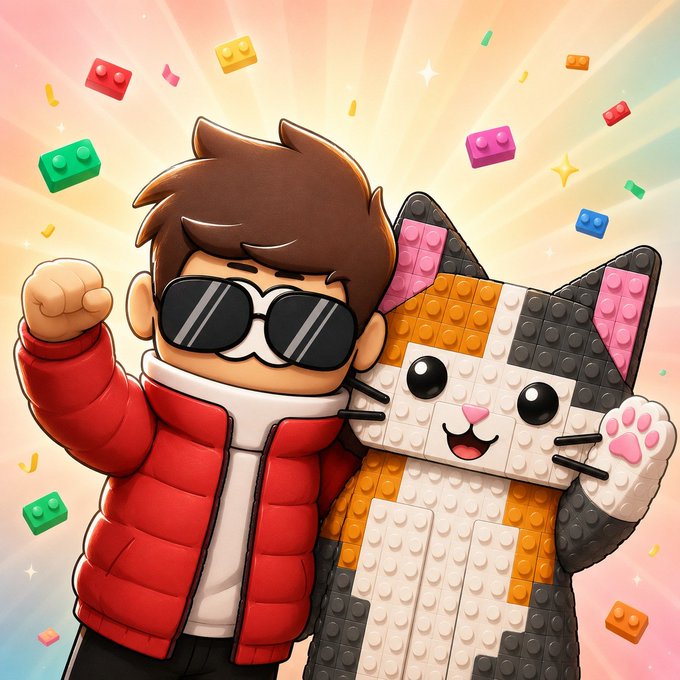 A cartoon illustration of a young man wearing sunglasses and a red puffer jacket posing with a calico cat that is constructed from Lego bricks, surrounded by floating colorful Lego pieces.