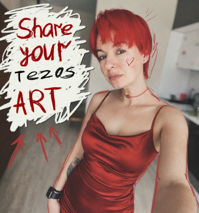 The image features a woman with red hair wearing a red dress, standing against a white background. The text "Happy #TEZOS fam! I'm collecting again!" is written above her head, indicating that she has posted about sharing her art on social media platforms.
