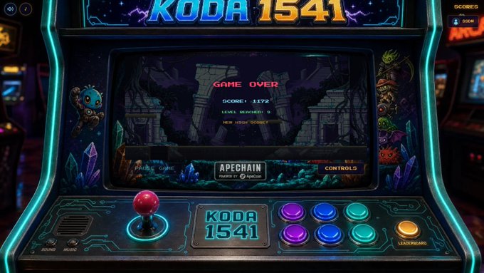 An arcade cabinet titled 'KODA 1541' displays 'GAME OVER' on its screen, featuring a colorful control panel with a red joystick and glowing buttons.