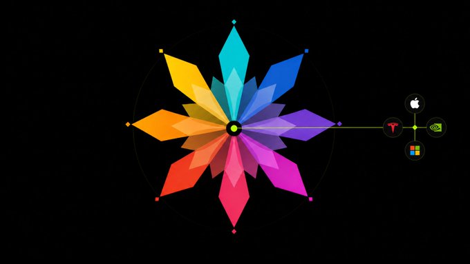 The image shows a colorful, multi-petaled flower-shaped logo composed of vibrant gradient petals radiating from a central yellow node, with platform icons (Apple, Tesla, NVIDIA, Windows, and a green symbol) connected on the right side. The colorful, expansive design visually represents the multi-asset, multi-platform aggregation concept of KALEIDO's new RWA (Real World Asset) trading feature, with the diverse petals symbolizing the variety of markets and the connected icons hinting at cross-platform accessibility announced in the post.