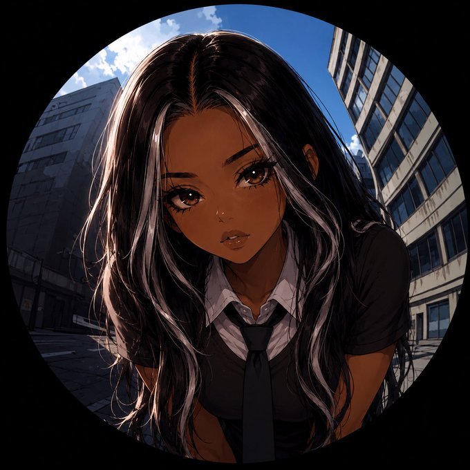 Anime-style illustration of a young woman with long dark hair streaked with white, wearing a black shirt, white collar, and loose tie, framed in a circular vignette against an urban backdrop.
