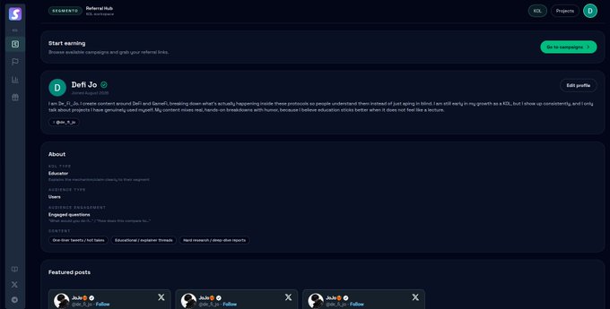 A screenshot of a Semrush website showing a profile for "Deft Jo" (@Deft_Jo), described as a content creator and educator with engagement-focused content type, displayed on a dark-themed interface.