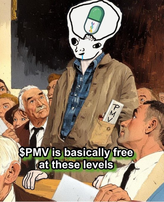 An edited Norman Rockwell-style painting depicts an alien with a pill-shaped head towering over a crowd of onlookers, with overlay text reading "$PMV is basically free at these levels." The image serves as a meme-style promotional graphic urging viewers to buy the $PMV (PumpMindVirus) Solana token, using the visual metaphor of an extraterrestrial "mind virus" infiltrating ordinary people to hype the cryptocurrency.