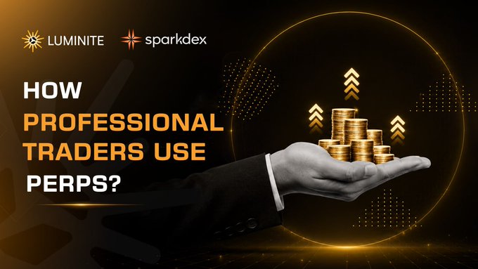 A promotional graphic titled 'HOW PROFESSIONAL TRADERS USE PERPS?' featuring the 'LUMINITE' and 'sparkdex' logos, alongside an image of a hand holding gold coins with upward arrows.