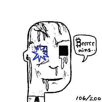 A crude hand-drawn cartoon of a melting, distressed character with one black square eye and a blue star-shaped eye, with a speech bubble reading 'Brrrre ains...' and the number '106/200' at the bottom.