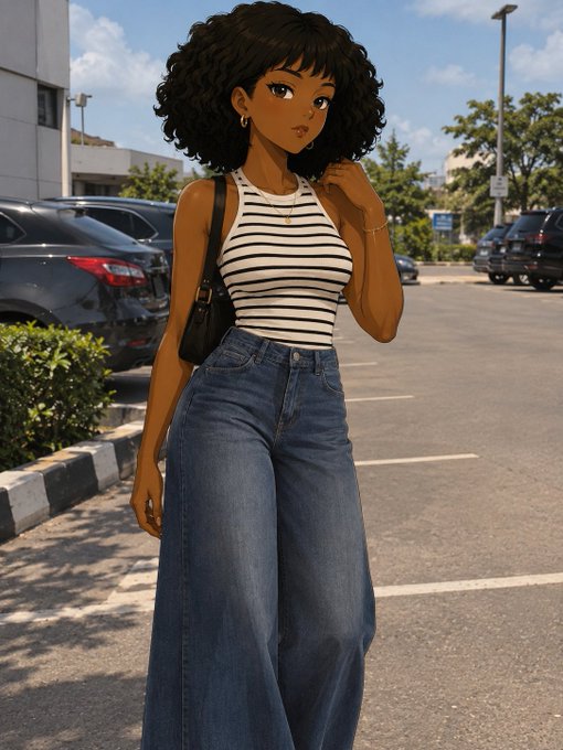 An anime-style illustration depicts a young woman with dark curly hair wearing a striped tank top and denim skirt, standing in a parking lot with a black shoulder bag.
