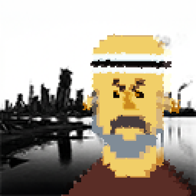A pixel art illustration of a stern-looking yellow Lego minifigure with a black mustache and a white headband, set against a grayscale industrial backdrop.