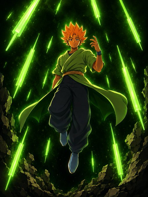 An anime-style character with spiky orange hair and a green coat floats in mid-air amid falling green glowing crystals and rocky debris.