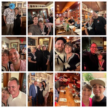 A photo collage of various people in social settings, likely at a restaurant or gathering, showing multiple group photos and selfies.