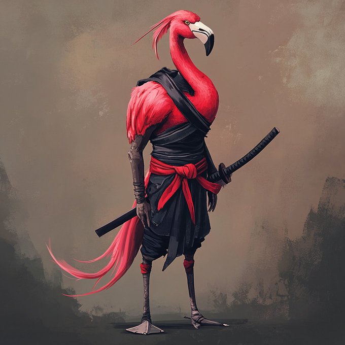A digital illustration of an anthropomorphic red flamingo character dressed as a samurai or ninja, wearing dark robes with a red sash and carrying a katana.