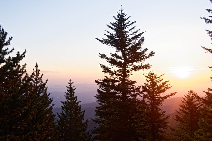 A scenic sunset view features the silhouettes of evergreen trees in the foreground against a gradient sky of orange and blue, with the sun setting behind distant mountain layers.