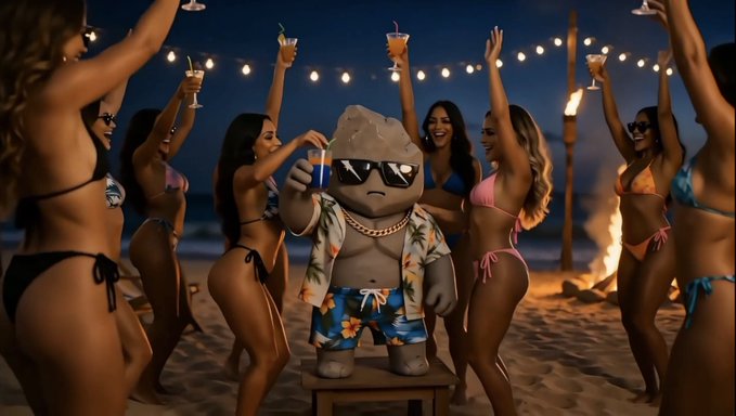A cartoonish rock character wearing sunglasses, a Hawaiian shirt, and a gold chain stands in the center of bikini-clad women dancing on a beach at night, holding drinks. The image humorously illustrates the accompanying post's message that one could be enjoying this scene if they had "hold rocks," which is a play on words for holding cryptocurrency.