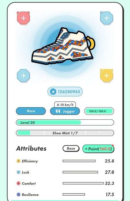 A screenshot from the STEPN app displays a Rare Level 20 "Jogger" sneaker NFT with shoe mint 1/7, featuring attributes like Efficiency 25.8, Luck 27.8, Comfort 32.3, and Resilience 17.5, listed for sale at 30,000 GMT.