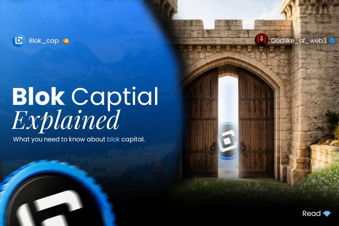 The image shows a promotional graphic titled "Blok Captial Explained" (note the misspelling of "Capital") featuring a large stone castle gate with the Blok logo visible through the opening, alongside the text "What you need to know about blok capital." The castle imagery visually reinforces the post's message about trust and security concerns with traditional money management—evoking medieval themes of guarding treasures and the risks of entrusting your wealth to someone who might "mismanage it" or "disappear."