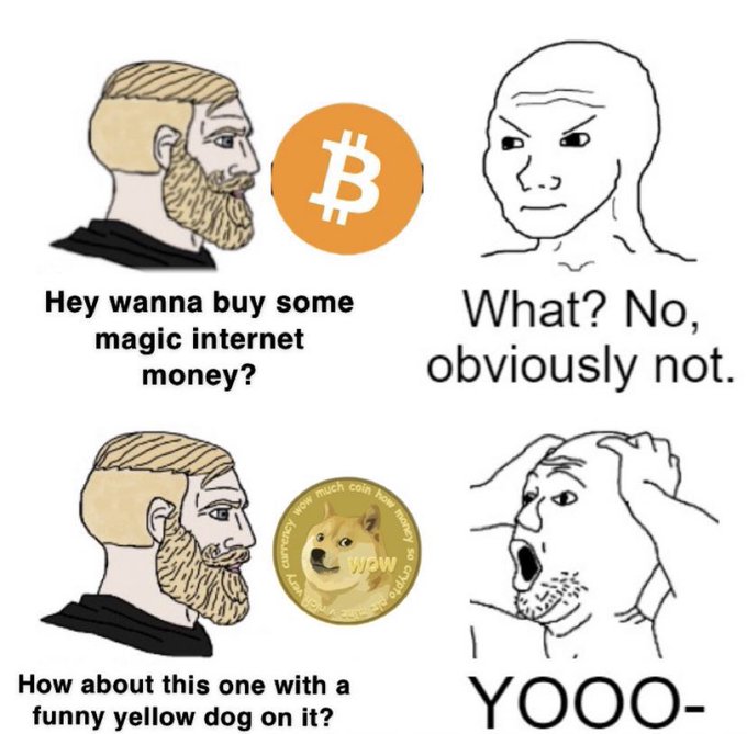 The image shows two cartoon-style headings about Bitcoin, with a Dogecoin coin placed between them. One of the headings reads "Why do you want to buy some magic internet money? No, obviously not." The other heading states "How about this one with a yellow funny dog on it?".