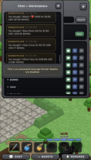 A marketplace chat interface in a mobile game shows automated purchase notifications, including 'You bought 1 Black KINS for $0.65 USD' and various other item purchases, with gameplay visible in the background.