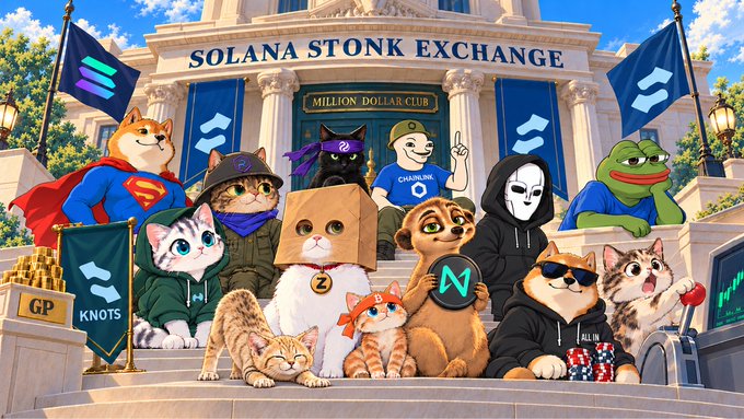 A whimsical group of costumed cats—including a Superman cat, a ninja, and a Pepe frog—poses on the steps of the "SOLANA STONK EXCHANGE: MILLION DOLLAR CLUB," featuring logos and tickers for Solana (SOL), Zeta (Z), Near (N), Chainlink (LINK), and "KNOTS," perfectly capturing the playful, meme-fueled spirit of the post's caption.