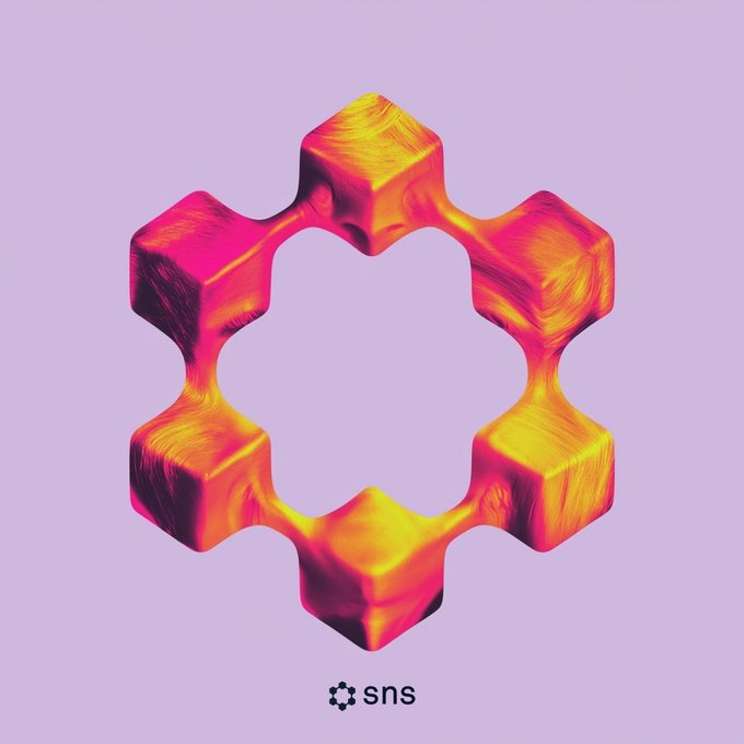 A vibrant 3D-rendered hexagonal logo featuring six interconnected cubes with a textured pink, orange, and yellow surface, displayed against a light purple background with the 'sns' branding and gear-like icon below.