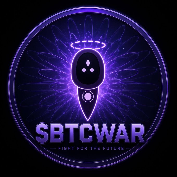 A glowing purple circular emblem features a robotic figure with a halo above its head, set against radiating geometric lines, with the bold text "$BTCWAR" and the tagline "FIGHT FOR THE FUTURE" displayed below. The imagery evokes a futuristic battle between bitcoin and quantum threats, hinting at SERA—the guardian machine standing between Bitcoin and its cryptographic enemy.