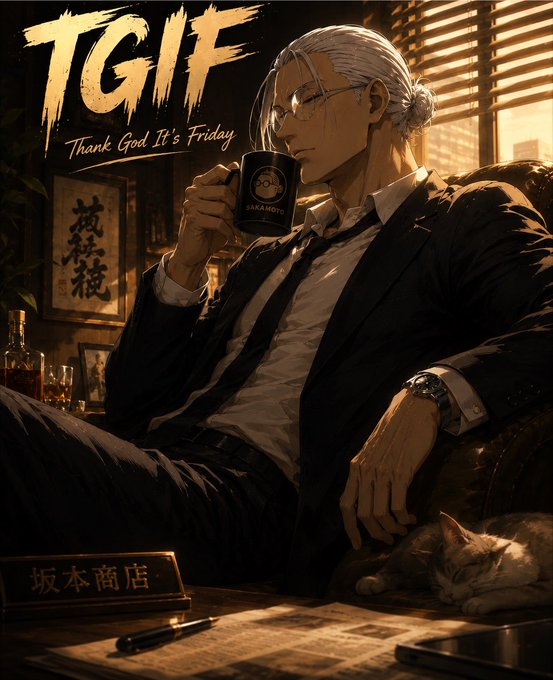 An anime-style illustration of a white-haired man with glasses in a black suit holding a coffee mug, with 'TGIF Thank God It's Friday' text in yellow, and a sleeping cat nearby.