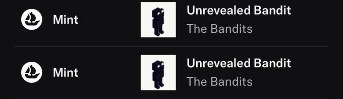 A screenshot shows two entries labeled 'Mint' and 'Unrevealed Bandit / The Bandits' with pirate icons.