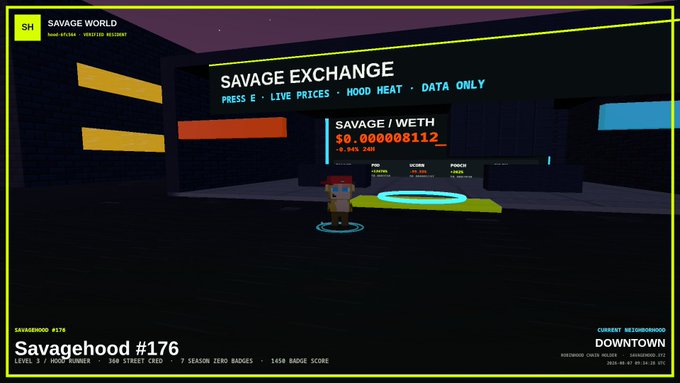A screenshot from the video game "Savage World" (#176) shows a player avatar standing before a digital "Savage Exchange" displaying a live price for SAVAGE/WETH at $0.000008112, illustrating the in-game cryptocurrency feature highlighted in the post.