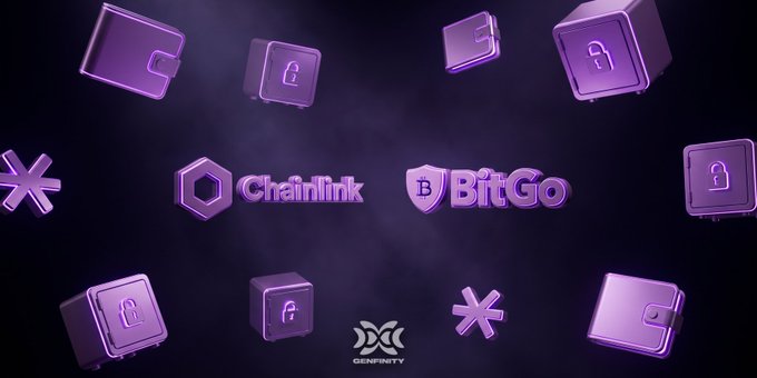 A purple-themed graphic features 3D wallets, safes, and asterisks floating around the Chainlink and BitGo logos, with a "GENFINITY" watermark at the bottom. The imagery visually reinforces the announcement of BitGo selecting Chainlink's CCIP as its exclusive cross-chain infrastructure for WBTC and future assets.