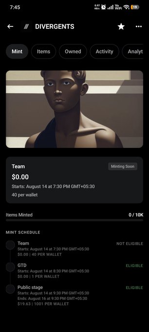 A smartphone screenshot of a 'DIVERGENTS' NFT minting page showing a 'Team' mint costing $0.00, starting August 14 at 7:30 PM GMT+05:30, with a schedule showing Team as NOT ELIGIBLE and GTD and Public stage as ELIGIBLE.