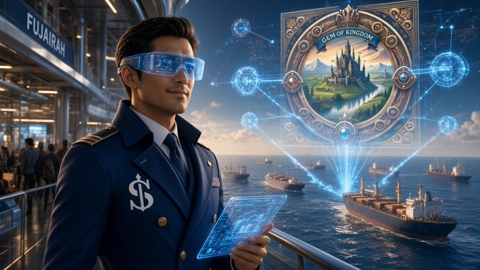 Digital artwork of a man in a blue uniform with a dollar sign emblem wearing smart glasses and holding a holographic tablet, with cargo ships, a 'FUJAIRAH' port sign, and a 'GEM OF KINGDOM' badge in the background.