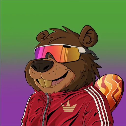 A cartoon illustration of a beaver character wearing reflective ski goggles and a red Adidas track jacket, standing against a green-to-purple gradient background.