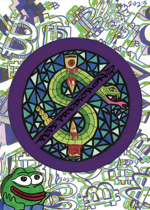 The image features a colorful poster with a large purple circle containing a green snake, surrounded by various symbols and designs. The text "Gm PREDICTIONS" is written above the snake, while the phrase "by sashahodler @FAKERARES XCP" is below it. The post appears to be promoting a product or service related to predicting future events.