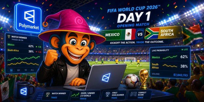 The image presents an advertisement for the FIFA World Cup, specifically Day 1 of the tournament featuring a monkey. The monkey is sitting at a laptop screen with a soccer ball nearby, indicating that he might be participating or watching the games. In the background, several flags from different countries can be seen, suggesting international participation in the event. The focus on Mexico vs South Africa suggests an ongoing market analysis and a forecast of their performance in the opening match for Day 1 of the World Cup. Additionally, the presence of @Polymarket indicates that this content might be related to or related to PolyMarket.